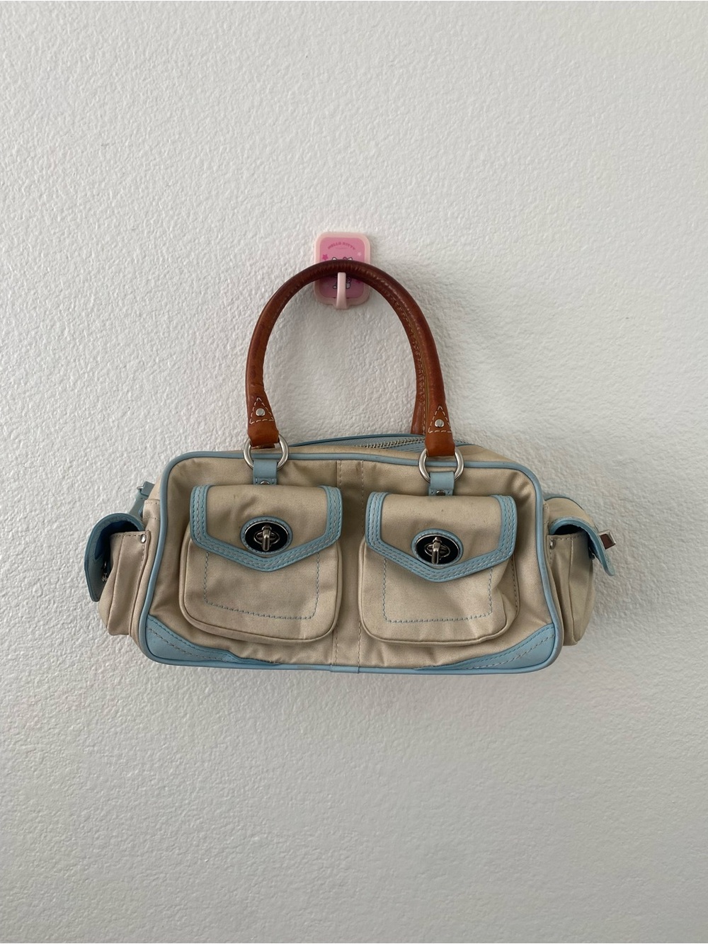 Vintage Coach Beige & Light Blue Sateen Satchel Mini Bag